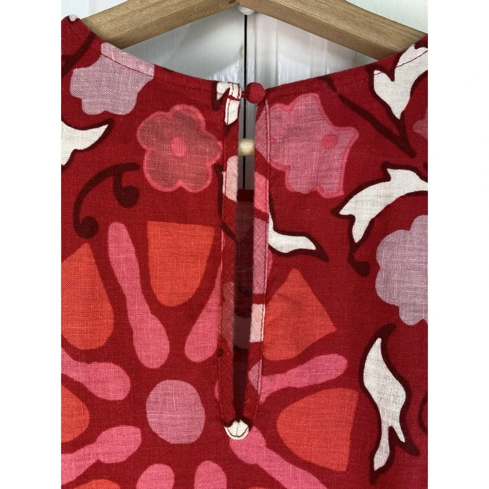 Rhode Womens 12 Red Pink White Floral Sleeveless Linen Blend Ruffle Sheath Dress